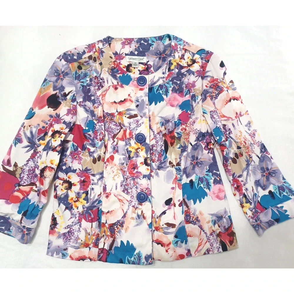 Coldwater Creek Women's Colorful Floral Button Jacket Blazer Sz 10 Unlined